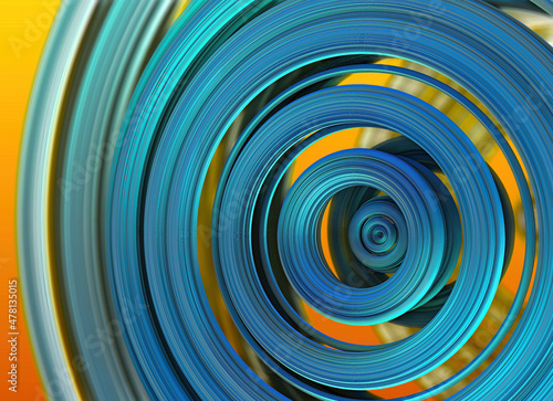 Computer generated concentric spatially ordered turquoise rings against orange background, 3d graphics. 3d fractal graphic, part of a huge fractal, calculated with Mandelbulb 3D program, JPEG Grafik