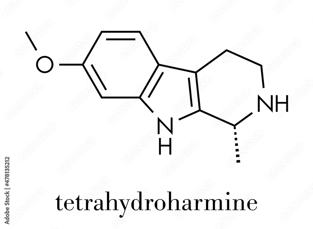 Tetrahydroharmine indole alkaloid molecule. Skeletal formula. Tetrahydroharmine indole alkaloid molecule. Skeletal formula.