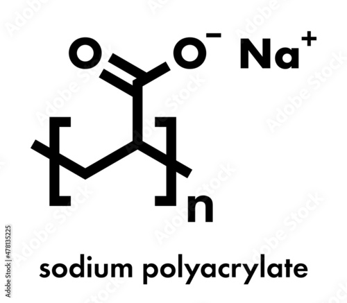 Sodium polyacrylate polymer, chemical structure. Superabsorbent polymer, also known as waterlock. Skeletal formula.