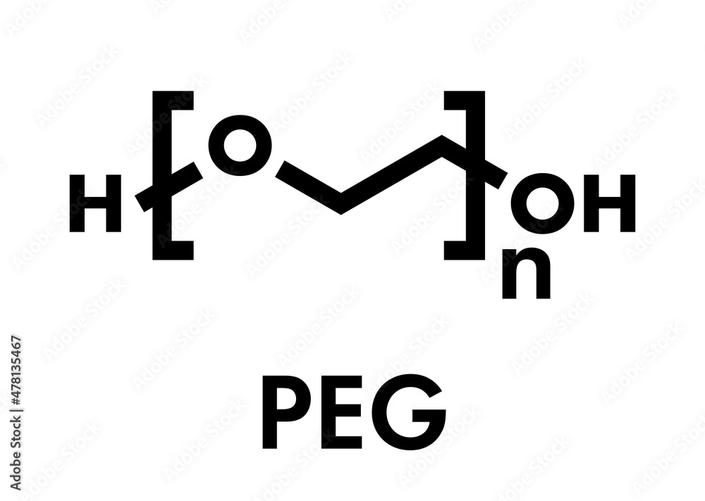 Polyethylene glycol (PEG), chemical structure. Forms of PEG are used as laxatives, excipients, etc. Skeletal formula. Polyethylene glycol (PEG), chemical structure. Forms of PEG are used as laxatives, excipients, etc. Skeletal formula.