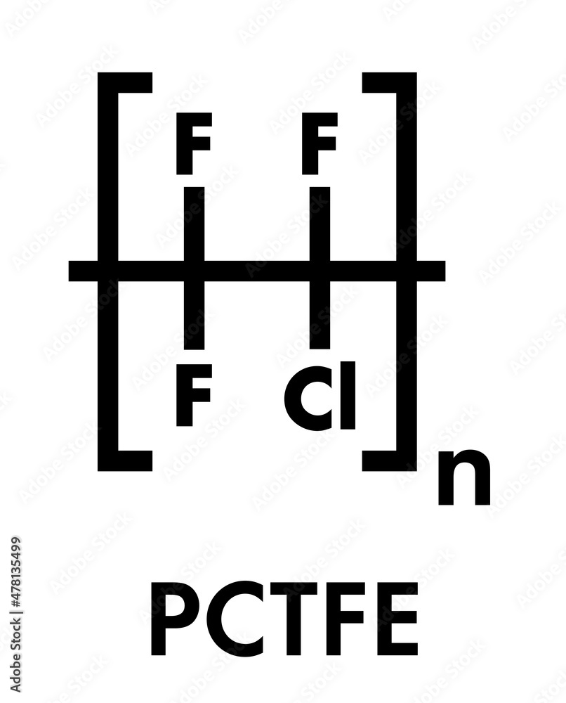 Polychlorotrifluoroethylene (PCTFE) polymer, chemical structure. Homopolymer of chlorotrifluoroethylene. Skeletal formula.