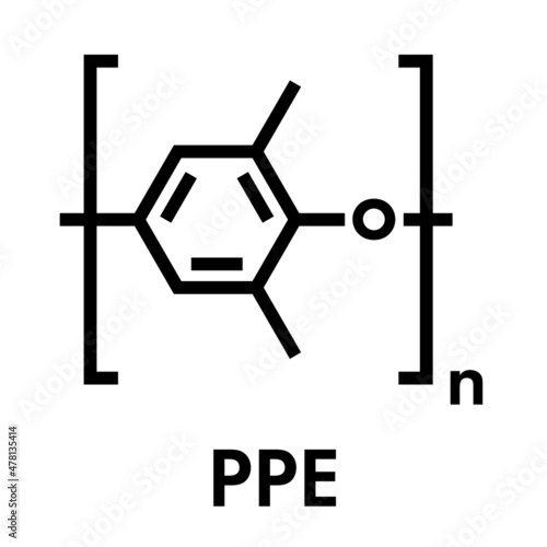 Poly(p-phenylene oxide) (PPO) polymer, chemical structure. Also known as poly(p-phenylene ether) or PPE. Skeletal formula.