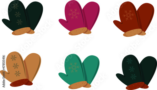 Flat vector illustration with mittens on white background for cloth design. Set of multicolored mittens. Isolated vector illustration.