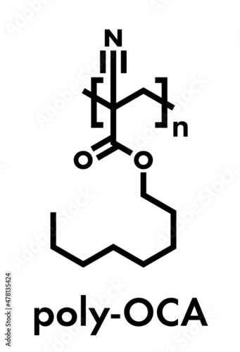 Poly(octyl cyanoacrylate) polymer, chemical structure. Polymerized (set) form of octyl cyanoacrylate instant glue. Used for medical and veterinary wound closure. Skeletal formula.