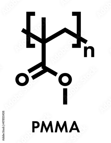 Acrylic glass or poly(methyl methacrylate), chemical structure. PMMA is the main component of acrylic paint (latex) and acrylic glass. Skeletal formula.