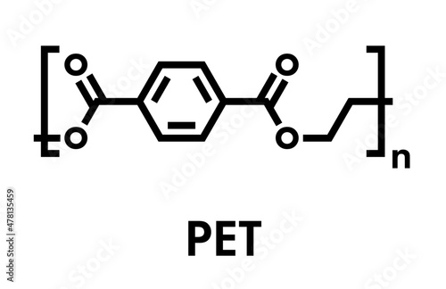 Polyethylene terephthalate (PET, PETE) polyester plastic, chemical structure. Mainly used in synthetic fibers and plastic bottles. Skeletal formula.