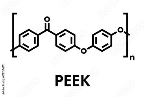 Polyether ether ketone (PEEK) polymer, chemical structure. Skeletal formula.