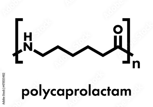 Polycaprolactam (nylon 6) polymer, chemical structure. Polyamide frequently used for production of synthetic fibers. Skeletal formula. photo
