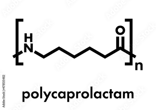 Polycaprolactam (nylon 6) polymer, chemical structure. Polyamide frequently used for production of synthetic fibers. Skeletal formula.