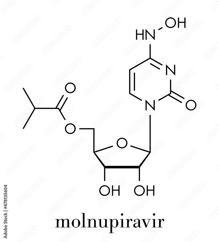 Molnupiravir antiviral drug molecule. Skeletal formula. Molnupiravir antiviral drug molecule. Skeletal formula.