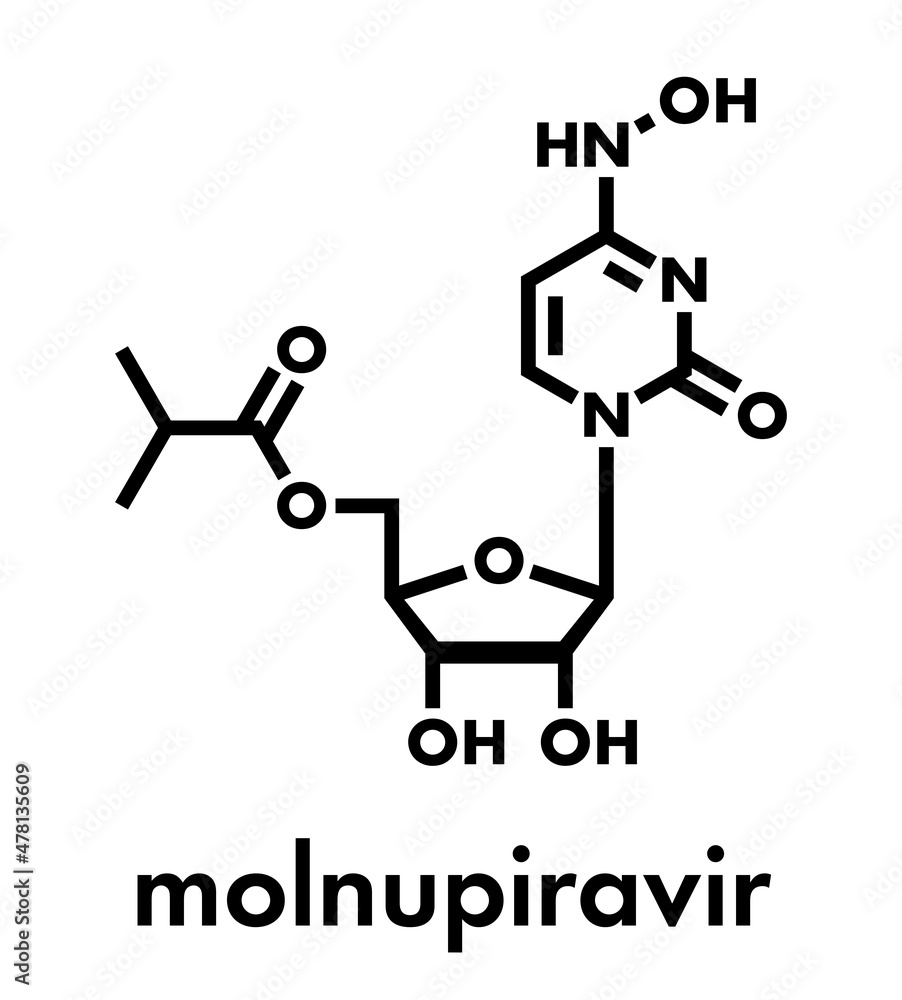 Molnupiravir antiviral drug molecule. Skeletal formula. Molnupiravir antiviral drug molecule. Skeletal formula.