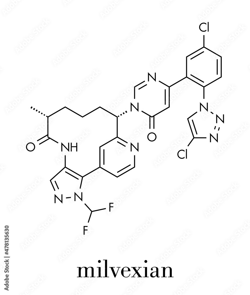 Milvexian anticoagulant drug molecule. Skeletal formula. Milvexian anticoagulant drug molecule. Skeletal formula.