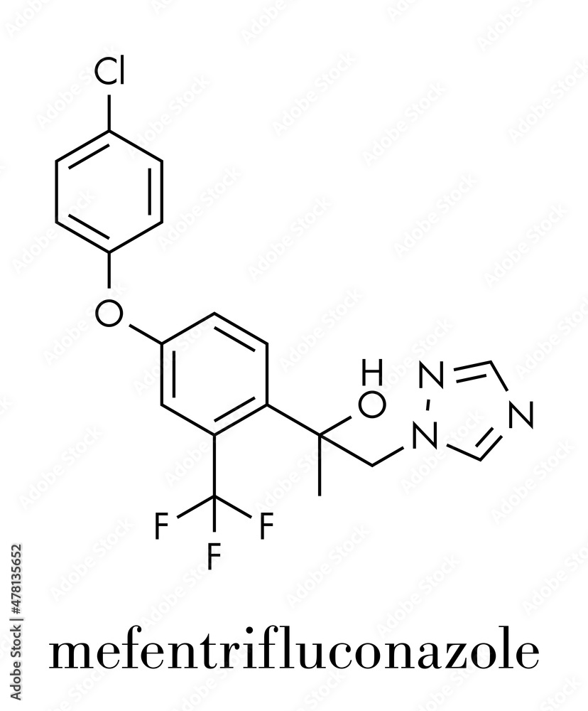 Mefentrifluconazole fungicide molecule. Skeletal formula. Mefentrifluconazole fungicide molecule. Skeletal formula.