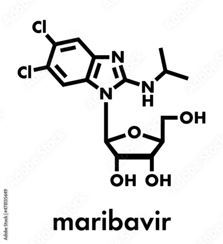 Maribavir antiviral drug molecule. Skeletal formula.