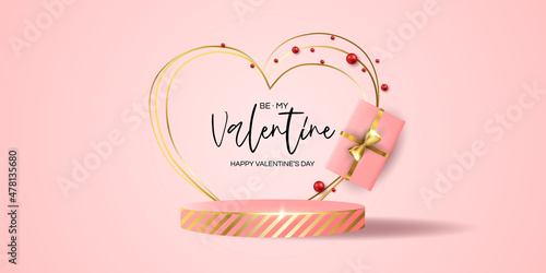 Valentine's day sale vector banner. Be my valentine banner with 3d heart, gift box, gold confetti, podium on pink background. Vector illustration. 3D realistiс design template with podium and gift