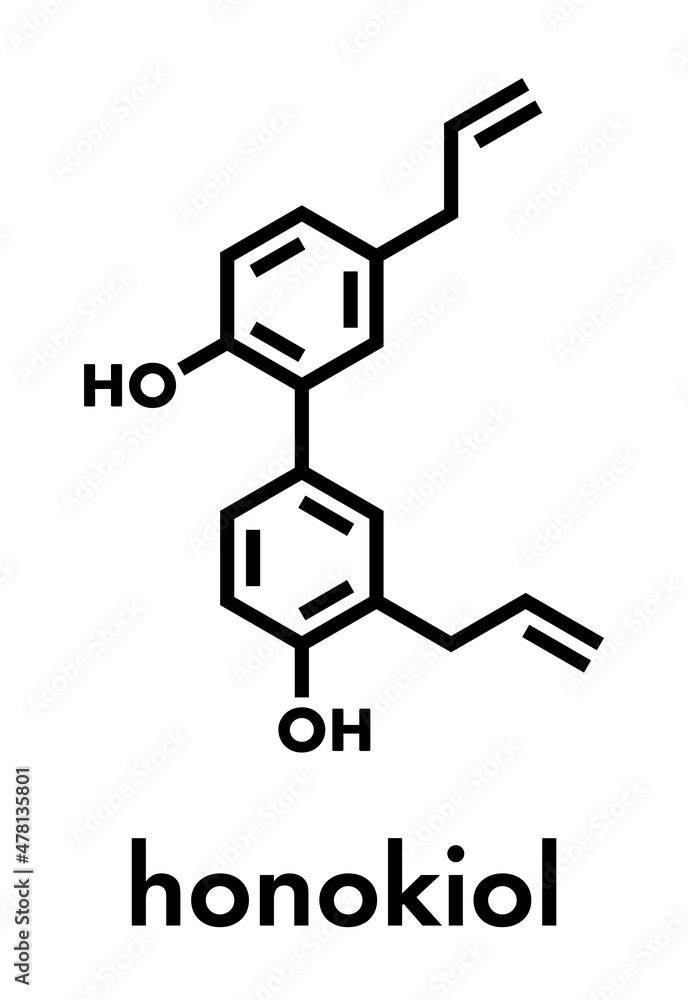 Honokiol herbal molecule, present in magnolia. Skeletal formula. Honokiol herbal molecule, present in magnolia. Skeletal formula.