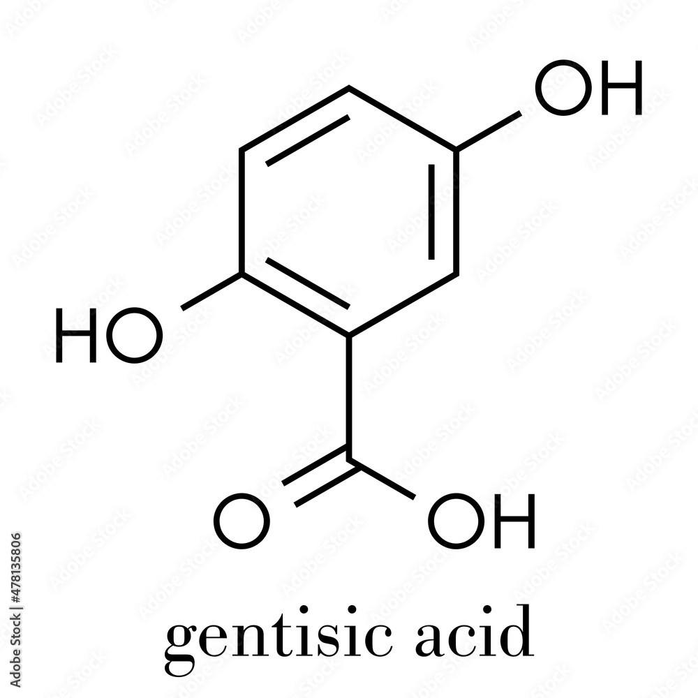 Gentisic acid molecule. Skeletal formula. Gentisic acid molecule. Skeletal formula.