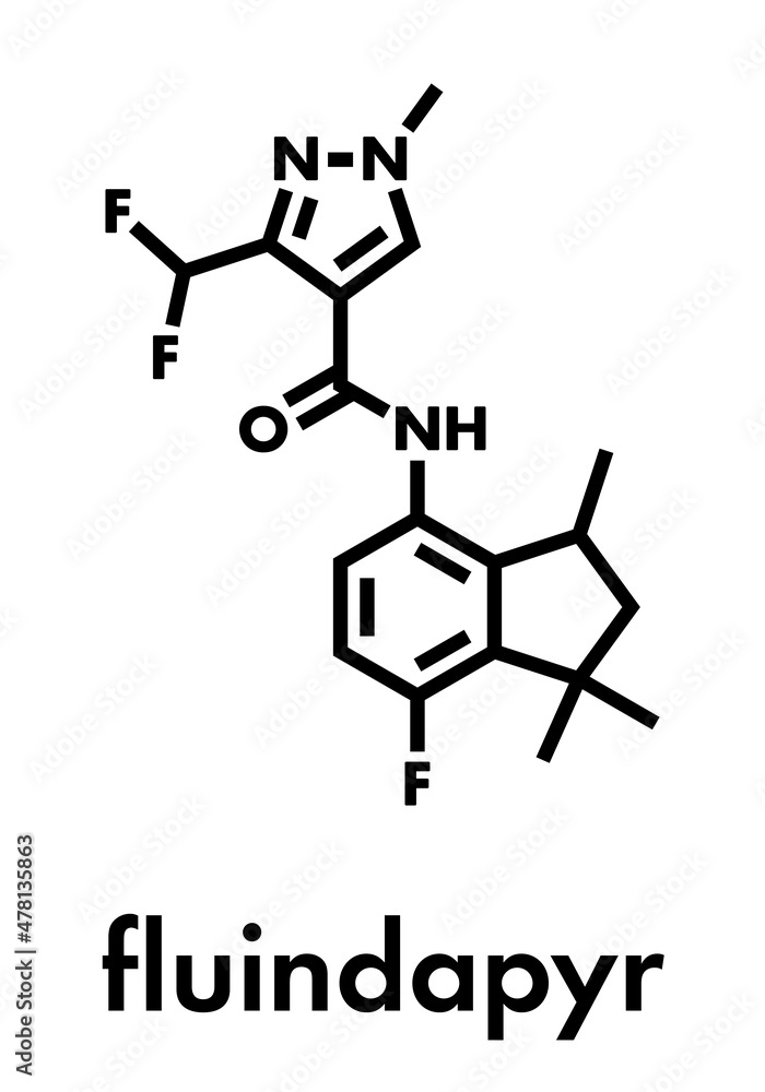Fluindapyr fungicide molecule. Skeletal formula. Fluindapyr fungicide molecule. Skeletal formula.