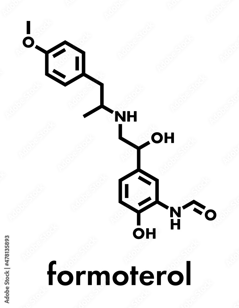 Formoterol drug molecule. Skeletal formula. Formoterol drug molecule. Skeletal formula.