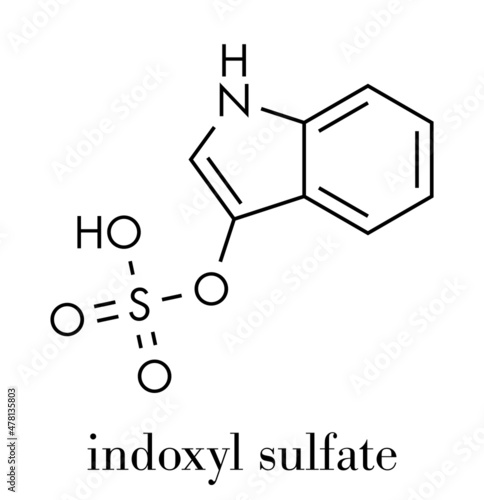 Indoxyl sulfate molecule. Metabolite of tryptophan. Skeletal formula.
