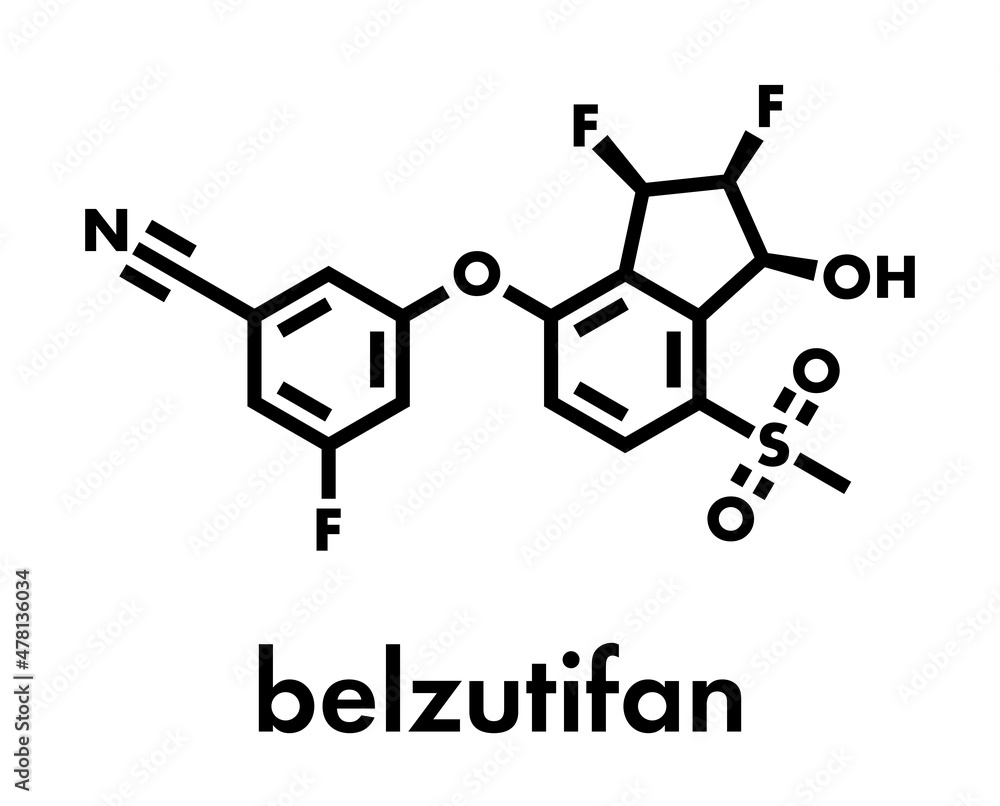 Belzutifan drug molecule. Skeletal formula. Belzutifan drug molecule. Skeletal formula.