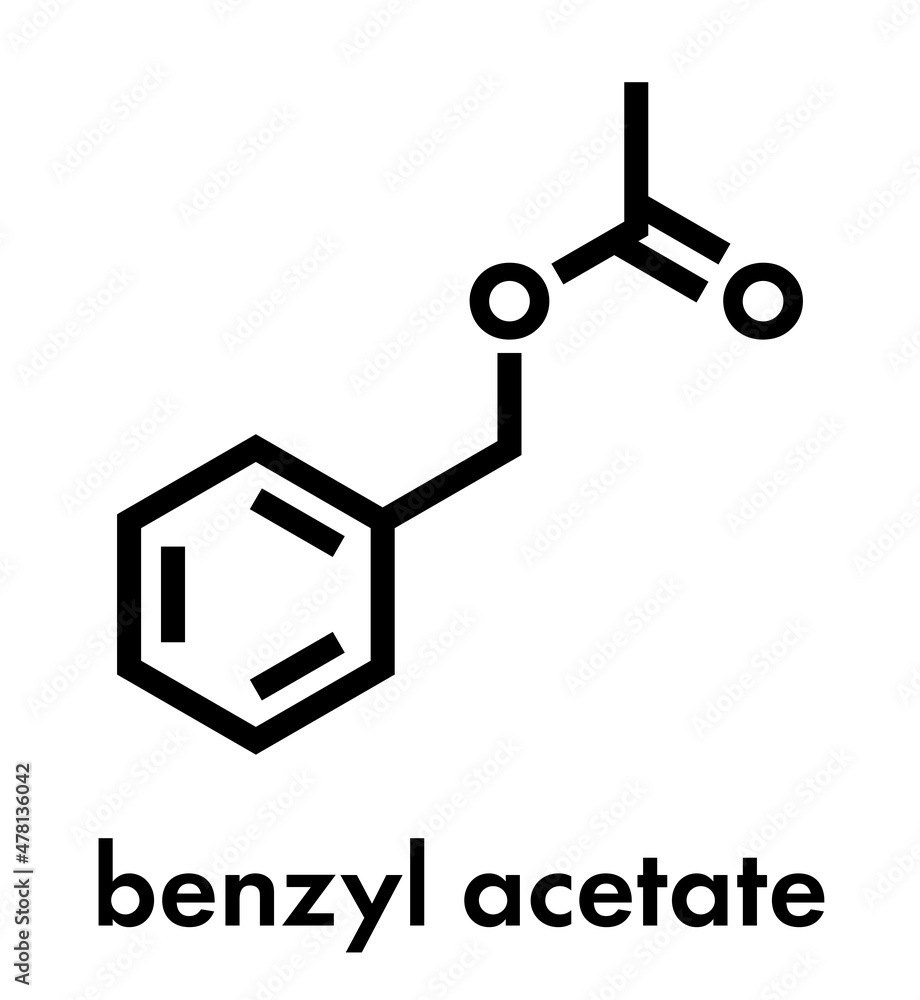 Benzyl acetate molecule. Skeletal formula. Benzyl acetate molecule. Skeletal formula.