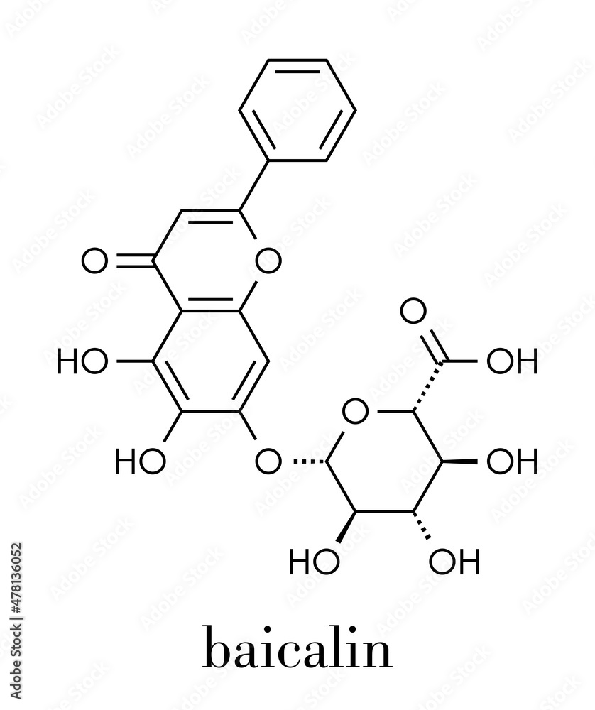 Baicalin flavonoid molecule. Skeletal formula. Baicalin flavonoid molecule. Skeletal formula.