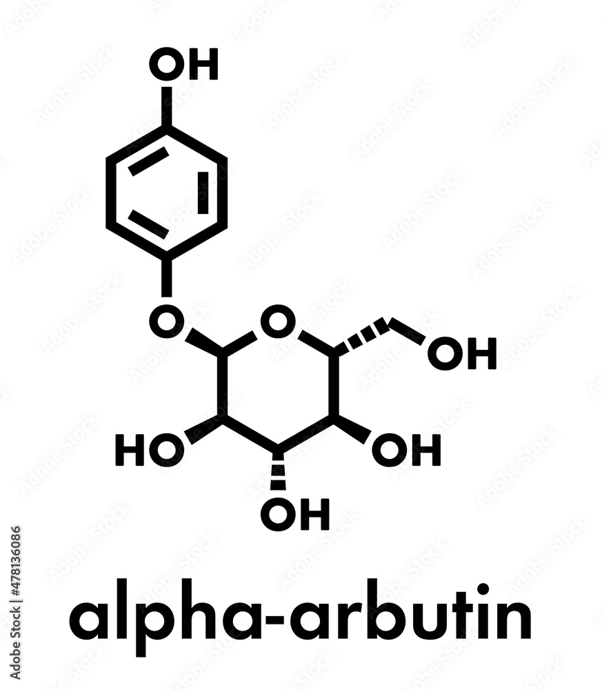 Alpha-arbutin molecule. Skeletal formula. Alpha-arbutin molecule. Skeletal formula.