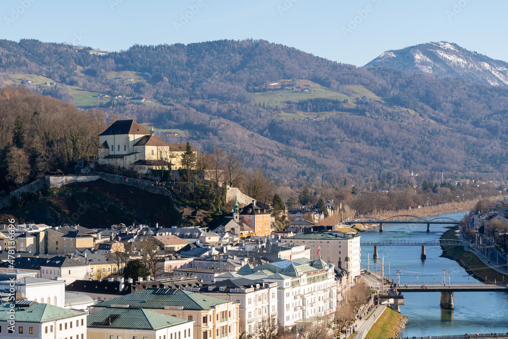 Panoramic view of the historic city center of Salzburg, Austria