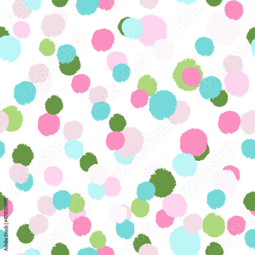 Pom poms of seamless pattern. Hand drawn cute background.