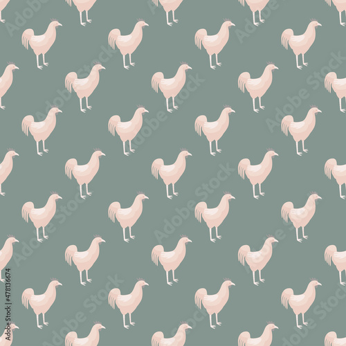 Seamless pattern of rooster. Domestic animals on colorful background. Vector illustration for textile.