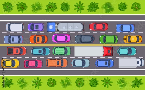 City traffic jam. Car rushing, transportation problems on highway. Bus, taxi, trucks stand on road. Vehicle group and garden elements, exact vector background