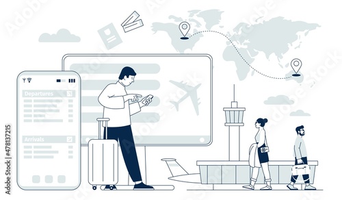 Flight booking. Travel service, technology and mobile app. Planning holidays or business trip, airplane and tourists characters. Online ticket recent vector concept