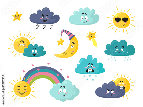 Cute weather. Rain angry cloud, joy sun. Isolated sunshine, weather forecast icons. Childish cartoon funny characters, moon and star classy vector set