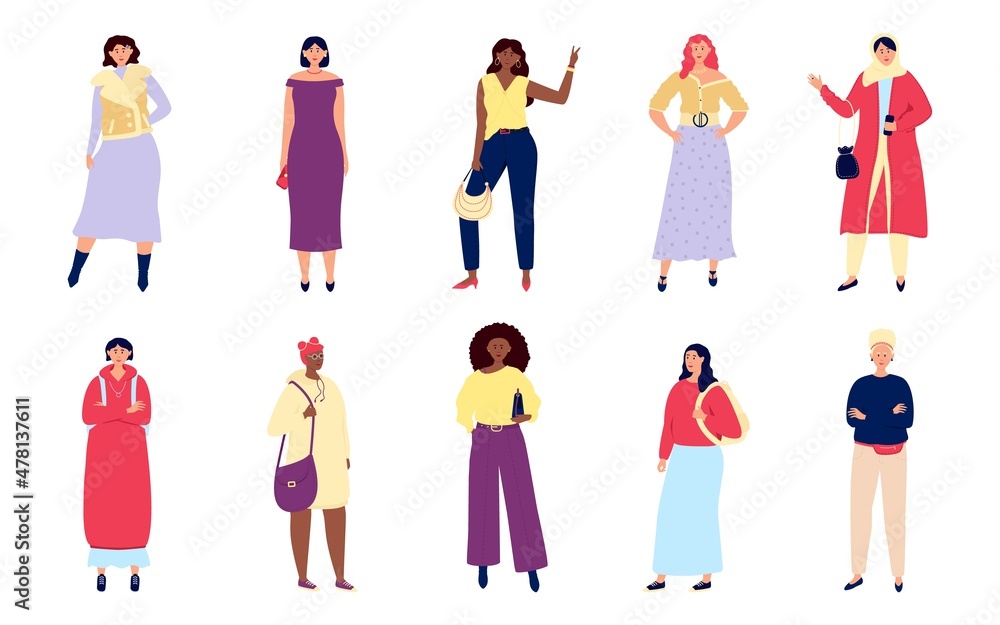 Different stylish women. Formal dressed people, diversity trendy youth girls outfits. Modern color clothes styles, fashionable person, flat utter vector characters