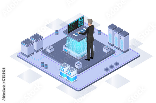 Data center or server room processing data operation with security protection and maintenance with isometric design style - vector	