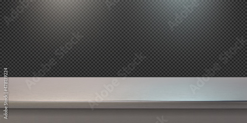 Silver steel countertop, empty shelf. Vector realistic mockup of table top, kitchen counter on transparent background with spot light. Bar desk surface in foreground