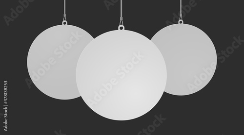 Circle danglers hanging from ceiling realistic mockup set. Mock up of advertising promotion pointer for supermarket sale announcement on uniform dark background. Mall store label vector illustration
