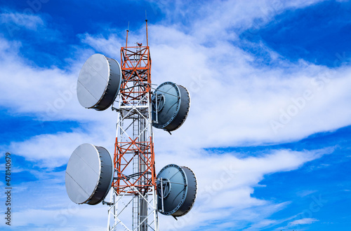 Signal tower,Telecommunication tower with blue sky  background, and copy space Consept satellite pole communication technology.
