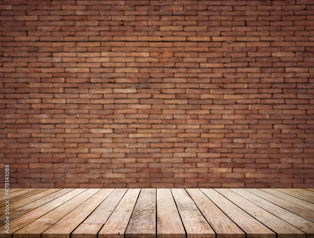 Old wood table with abstract old brick wall with light background for product display