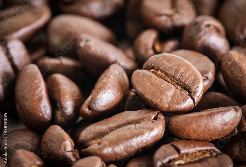 Close up of Roasted Coffee bean with selective focus