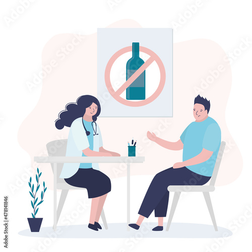 Sad man came to narcologist for appointment. Clinic helps people with alcohol addiction
