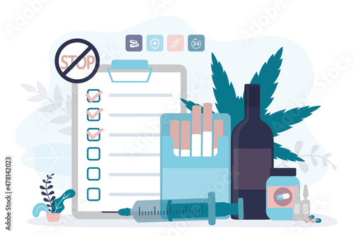 Say stop to drug and alcohol addiction. Various drugs and alcoholic substances. Medical care for people with addictions
