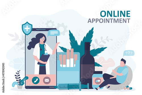 Narcology center provides assistance. Doctor conducts online appointment with patient