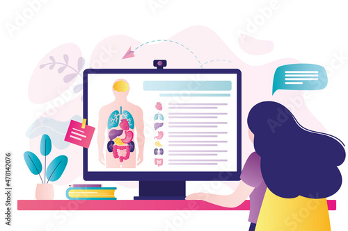 Girl watching webinar on structure of human body. Online anatomy lesson for university students
