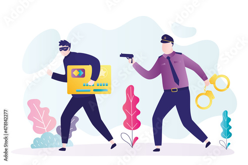 Policeman with pistol chases thief. Police officer prepares to arrest criminal. Masked robber with stolen credit card