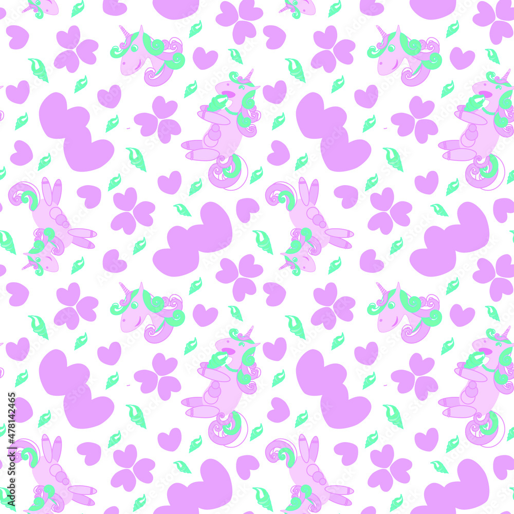 Seamless pattern pink unicorn . Cheerful eats ice cream, jumps, smiles. On a white background, for children and use in paper, textile, plastic production. Seamless pattern pink unicorn . Cheerful eats ice cream, jumps, smiles. On a white background, for children and use in paper, textile, plastic production.