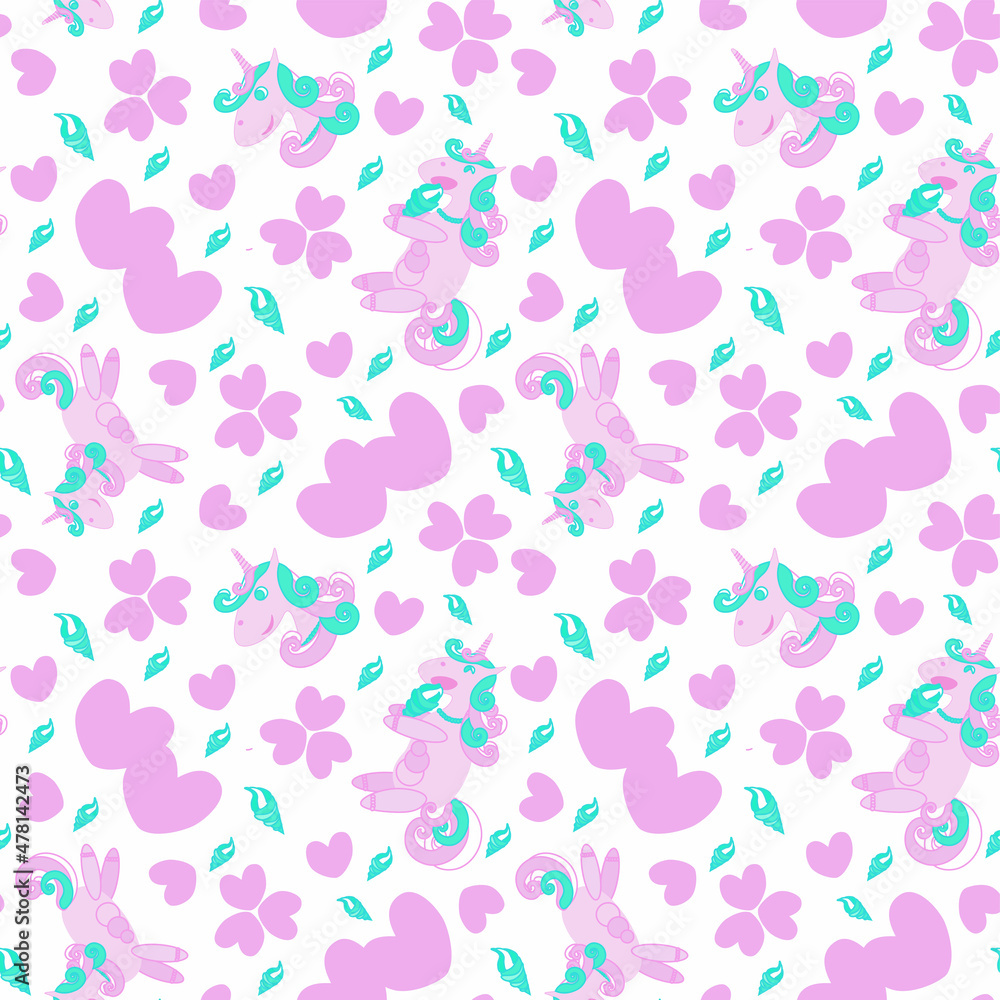Seamless pattern pink unicorn . Cheerful eats ice cream, jumps, smiles. On a white background, for children and use in paper, textile, plastic production. Seamless pattern pink unicorn . Cheerful eats ice cream, jumps, smiles. On a white background, for children and use in paper, textile, plastic production.