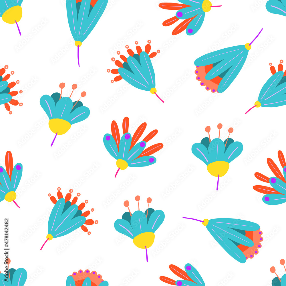 Abstract floral seamless pattern. Modern and contemporary flowers and plants vector illustration.  Social media posts, fabric, and fashion, gift and wrapping paper, card design, etc. 2022 Colors