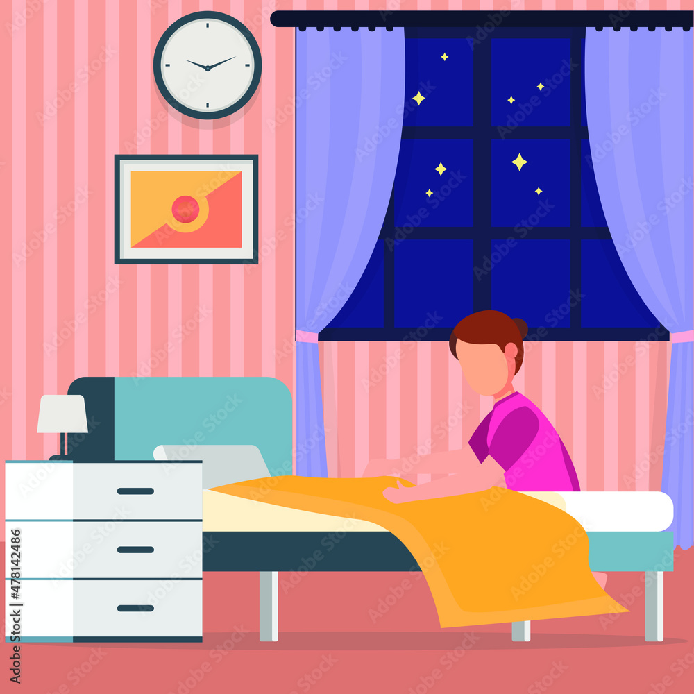 continuous line drawing of a girl make the bed after getting up in the ...